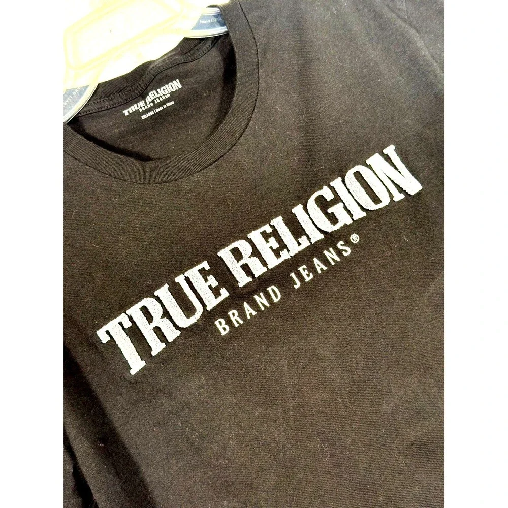 True Religion Brand Jeans T Shirt Men 2XL Black Spellout Logo Cotton Y2K Tee